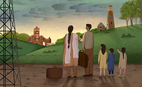 Prashanti Aswani An illustration of a family in traditional Indian dress look at hills behind a fence (Credit: Prashanti Aswani)