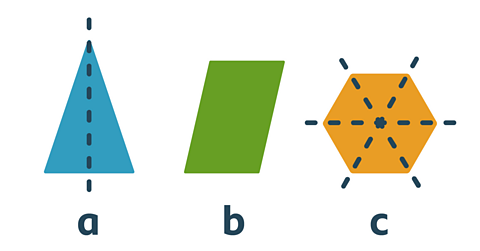 Same picture of shapes as before but now the triangle has one line of symmetry through it's centre and the hexagon has three.