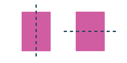 A rectangle shape with a vertical line of symmetry through its centre. The same shape with a horizontal line of symmetry going through its centre.