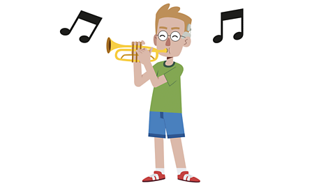 An illustration of a boy playing the trumpet