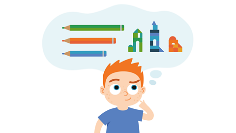 A boy is thinking. A thought bubble appears above the boy. In the thought bubble are three pencils with different lengths, as well as three towers with differing heights.