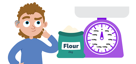 A boy is thinking while looking at a bag of flour weighing 2kg next to a weighing scale.