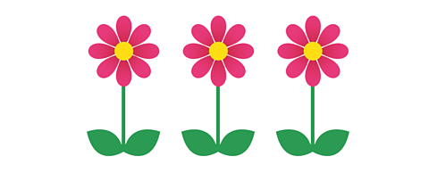 3 flowers with stems and 2 leaves each in a row.
