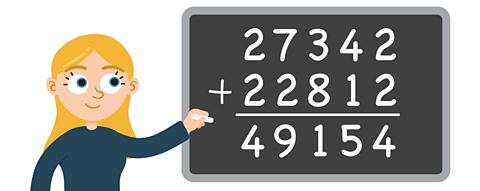 Lucy holding a piece of chalk against a blackboard. The sum 27342 + 22812 = 49154