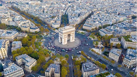 Aerial Paris Arch of Triumph and Place Charles de Gaulle.