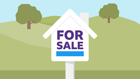 For sale sign - A white house shaped sign with blue writing in from of a green background