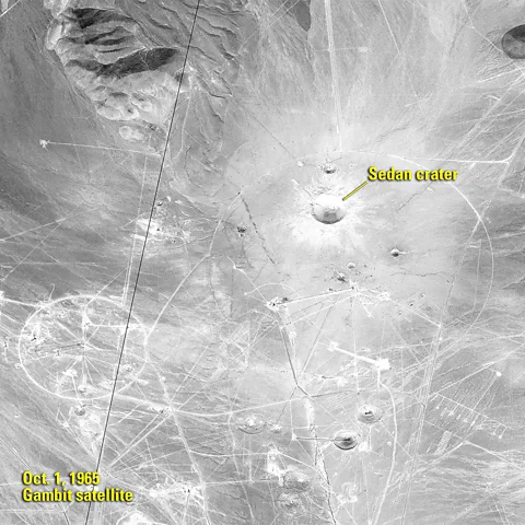 Eros The Sedan crater in the Nevada Desert was created in 1962 when a 104-kiloton nuclear device was detonated underground. It is 1,280 feet wide and 320 feet deep (Credit: Eros)