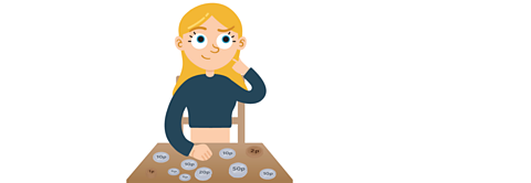 A girl is sitting at a table with coins in front of her.