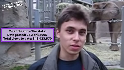 Image of a man standing in front of some elephants with the stats for the video as a text box. Date posted 24 April 2005, total views to date: 348,423,570.