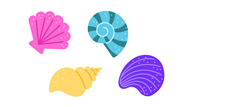 4 shells in a jumble, there is a scallop shaped shell a coiled shell, a winkle shell and a flat shell.