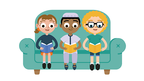 Three children sat on a sofa each reading a book.