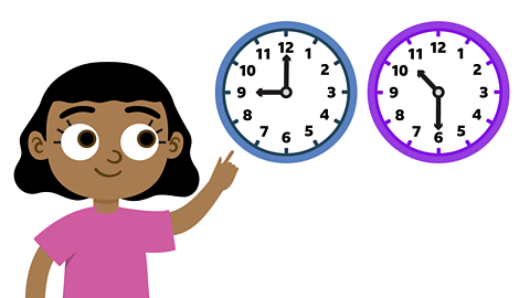 A girl pointing towards two clocks. The clock on the left shows 9 o'clock and the clock on the right shows half past 10.