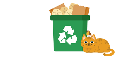 A recycling bin with a lot of paper bags and card showing above the rim. A cat sits by the bin with a robin bird on his head.