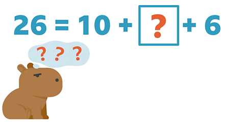 A capybara looking puzzled with question marks in a thought bubble sitting below the sum 26 = 10 + ? + 6