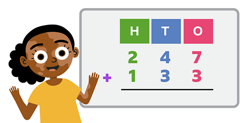 A girl standing beside a screen with a column addition on
