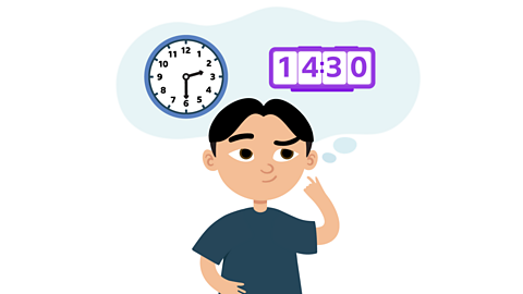 A boy with a thought bubble above his head. In it are a 12-hour analogue clock and a 24-hour digital clock.
