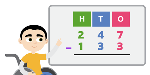 A boy pointing to a subtraction problem