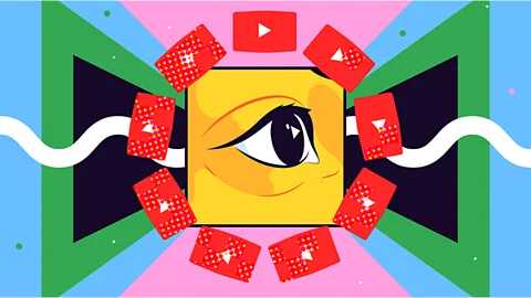 Estudio Santa Rita A brightly-coloured illustration showing the YouTube logo repeated in a circle around a human eye (Credit: Estudio Santa Rita)