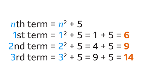 nth term = n^2 +5. 1st term = 1^2 + 5 = 1+5=6. 2nd term = 2^2+5 = 4+5=9. 3rd term = 3^2 + 5 = 9 + 5 = 14. 