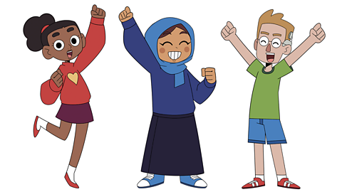 An illustration of three characters cheering
