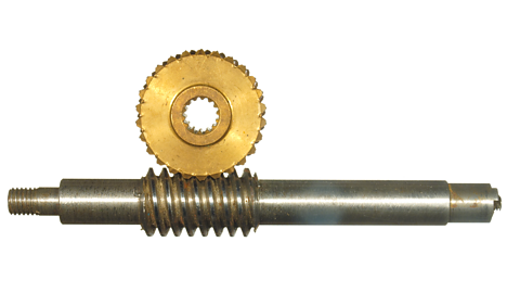 A yellow brass gear and a threaded steel shaft are connected to form a worm gear