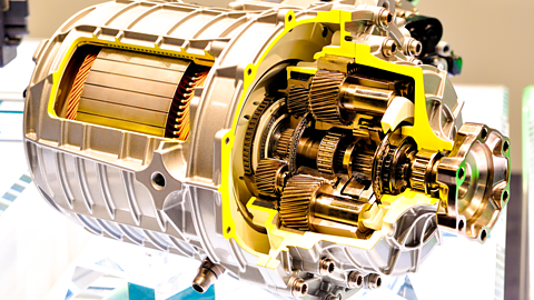Cutaway of an electric car motor showing compound gear mechanism