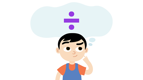 A child thinking. There is a thought bubble with the division symbol above their head,