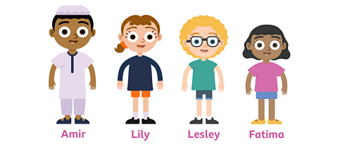 Four children stood in a row. The child on the left is the tallest and is named Amir. The next child over is a little smaller than Amir and is named Lily. The next child to the right is smaller than Lily and is named Lesley. The final child and furthest to the right is smaller than Lesley and is named Fatima.