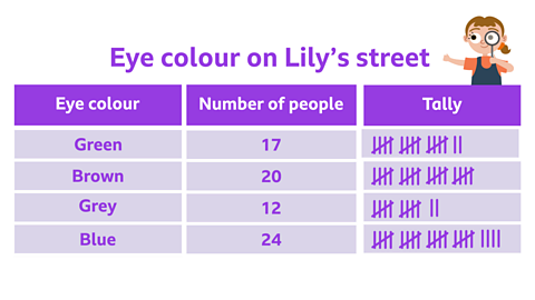 A data table on the topic of 'eye colour on Lily's street'. There are three columns, 'eye colour', 'number of people' and 'tally'. The data is as follows, green 17, brown 20, grey 12, blue 24.