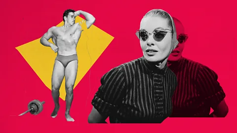 Javier Hirschfeld/ Getty Images Collage of a woman wearing dark glasses looking in two different directions and a male weight lifter flexing his muscles. Both images are in black and white with a bright red background and a yellow square behind the man (Credit: Javier Hirschfeld/ Getty Images)