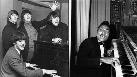 The Beatles stood around a piano and Little Richard playing a piano