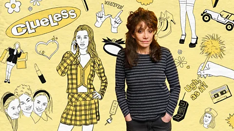 Emmanuel Lafont/ Getty Images A bright yellow illustration of characters from Clueless, including Cher in her iconic tartan outfit and an image of Amy Heckerling at the forefront (Credit: Emmanuel Lafont)