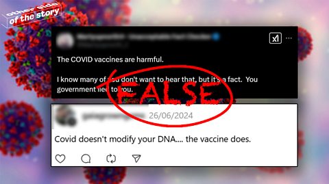 Social posts reading 'The COVID vaccines are harmful. I know many of you don't want to hear that, but it's a fact. You government lied to you' and 'Covid doesn't modify your DNA.... the vaccine does.' Background is a graphic of coronavirus.