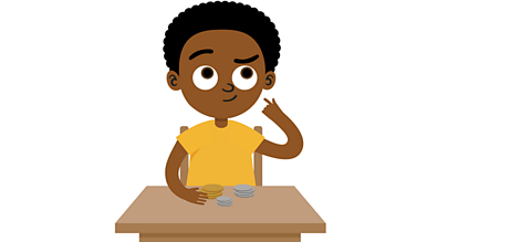 A character thinking with some coins on a table in front of them
