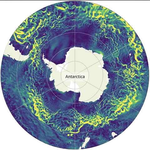 T. Sohail (2025 La corriente circumpolar antártica mantiene la Antártida aislada del resto del océano global (Crédito: T. Sohail (2025), Cartas de investigación ambiental)