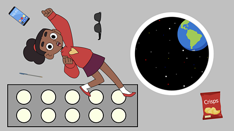 An illustration of a girl in space floating next to Earth through a window