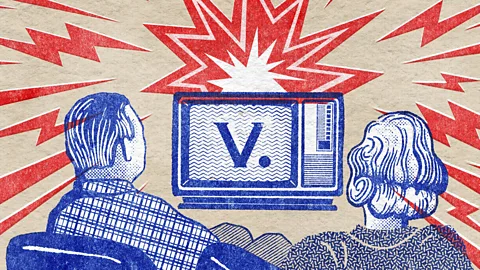 Emmanuel Lafont A pop art illustration of a man and a woman turned toward a television with the letter "v" on the screen, with television signals emanating from the TV (Credit: Emmanuel Lafont)