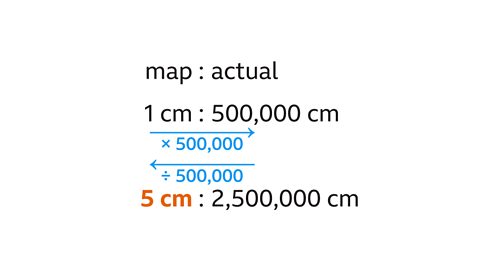 map to actual. 1 cm to 500,000cm. Multiply or divide by 500,000. 5cm to 2,500,000cm