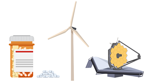 A bottle of pills, a wind turbine and the James Webb space telescope
