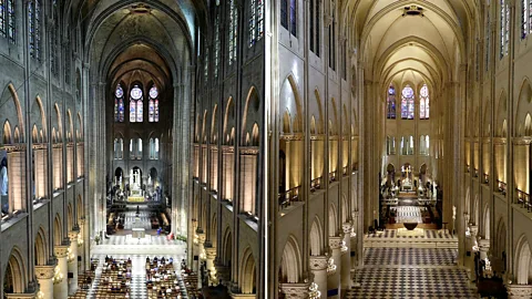 Getty Images The stonework inside the cathedral is noticeably cleaner in 2024 after it was given a latex facemask compared to in 2017 (left) before the fire (Credit: Getty Images)