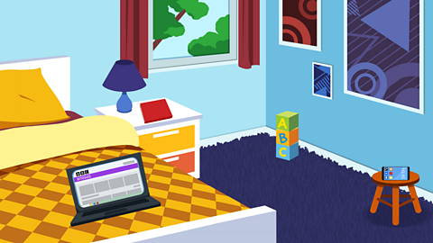An illustration of a child's bedroom with phone, book and laptop