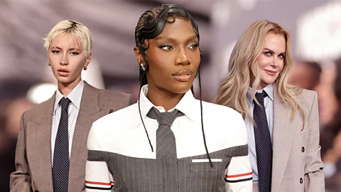 Serenity Strull/ BBC/ Getty Images A composite of Iris Law, Doechii and Nicole Kindman wearing shirts and ties (Credit: Serenity Strull/ BBC/ Getty Images)