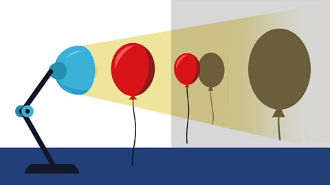 A lamp shining on two balloons of different sizes creating a bigger and smaller shadow on the wall.