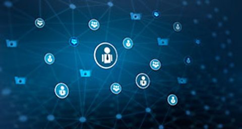 Image of people in a networked organization of personnel symbols on a blue background