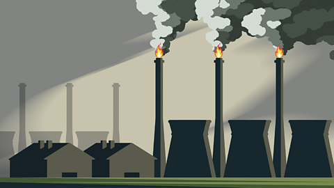 An illustration of a factory burning fossil fuel