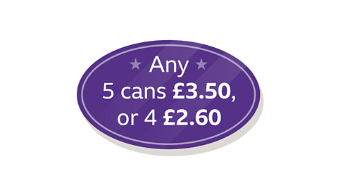 Sign saying ‘any 5 cans £3.50, or 4 £2.60’