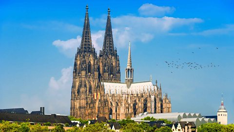 View to Cologne Cathedral and Rheinwiesen.