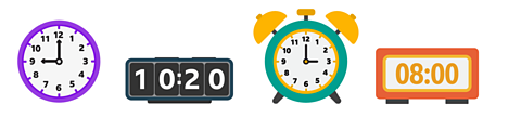 A 12-hour clock reads 9 o'clock. A digital clock right reads 20 past 10. A digital alarm clock reads 8 o'clock. A 12-hour alarm clock right reads 3 o'clock.