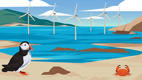 An illustration of an offshore wind farm