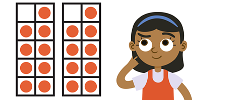 Omi, looking thoughtfully at two 10 frames, each with 9 counters in them.